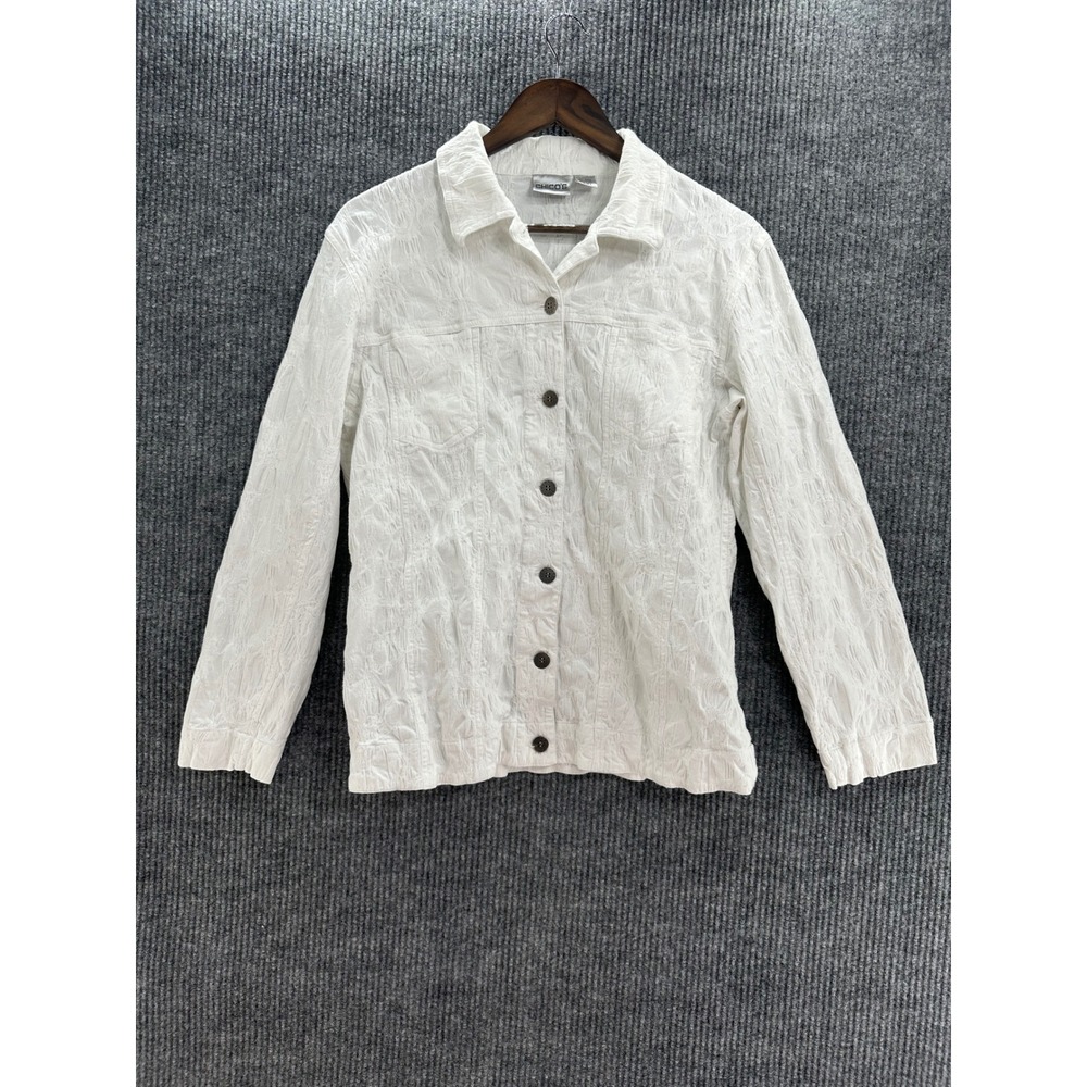 Chico's Jacket Women Size 2 White Textured Cotton Button Front Coat
